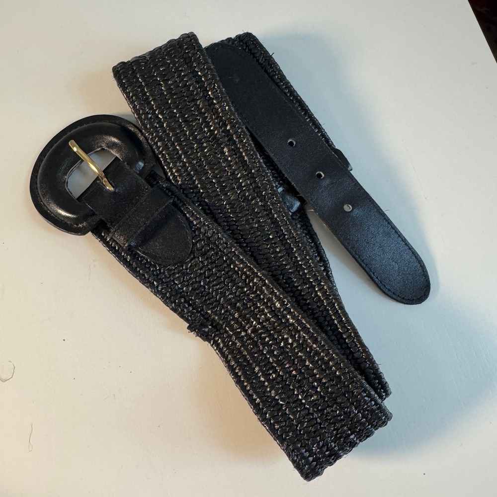 Vtg western Black Woven Belt Wide Braided Gold Buckle Boho Plus Size Boho XL